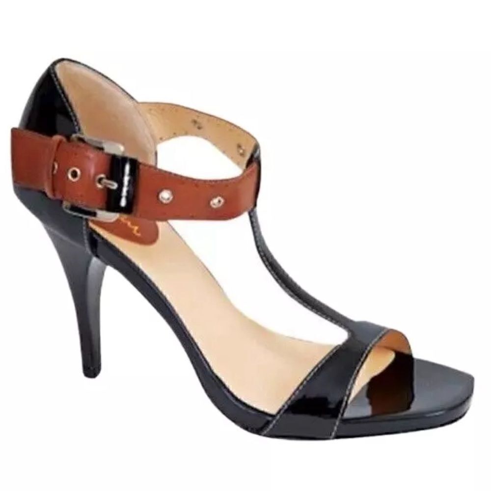 Cole Haan Air London T Strap Sandal Heel Patent Leather Black Open Toe 8.5